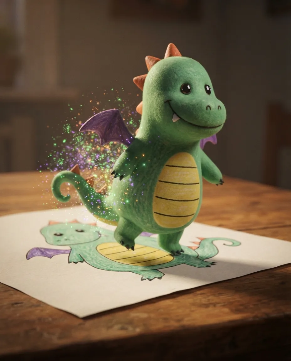 Le même dragon en personnage 3D qui sort de la feuille posée sur une table