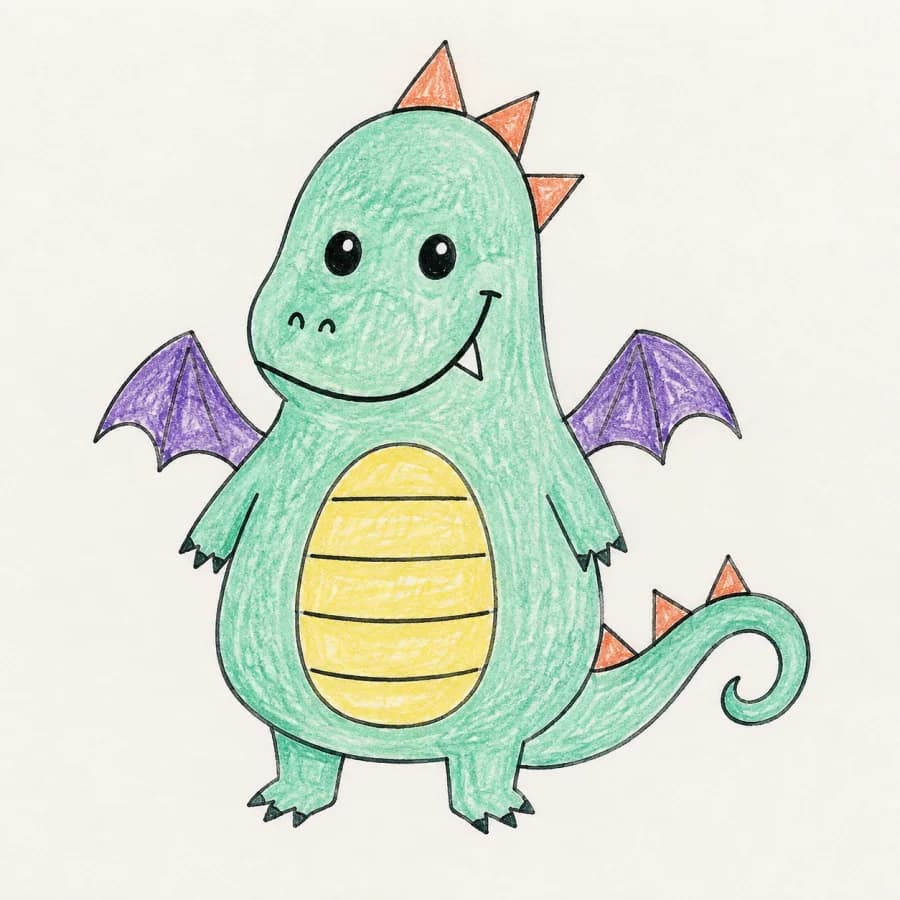 Dessin au feutre d’un petit dragon vert aux ailes violettes et au ventre jaune